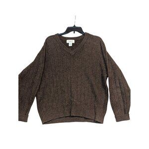 Vintage Heather & Tweed Brown Wool Shetland Ribbed Knit V-Neck Pullover Sweater